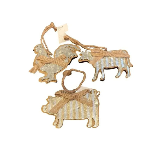 Rustic Farm Animal Ornaments Set Of 3 Metal Wood Pig Cow Rooster Christmas NEW - Picture 1 of 10